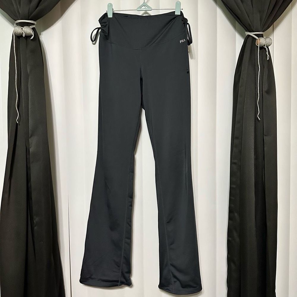FILA dark gray yoga pants , flared bottoms, side drawstrings to cinch waist
